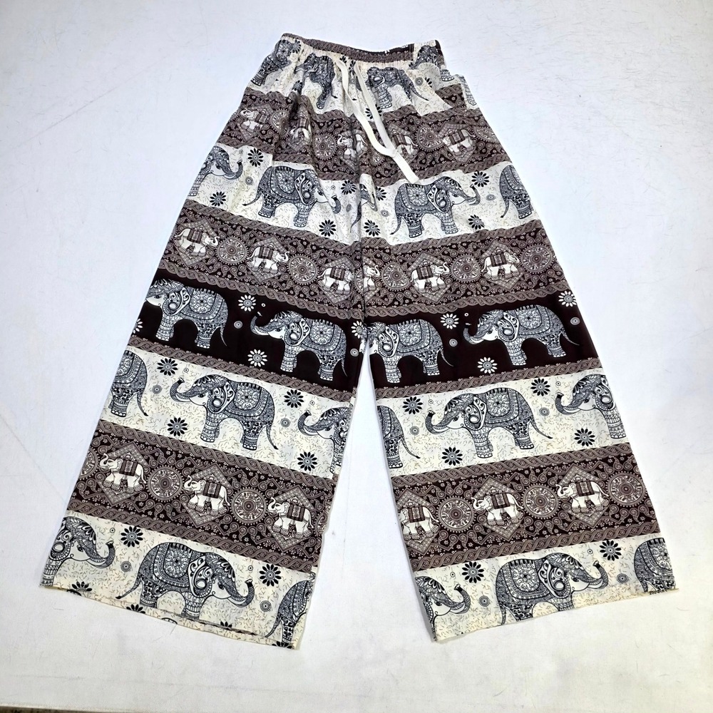 Unbranded Elephant Print Wide Leg Pants Womens Small Brown White Boho Yoga Pant